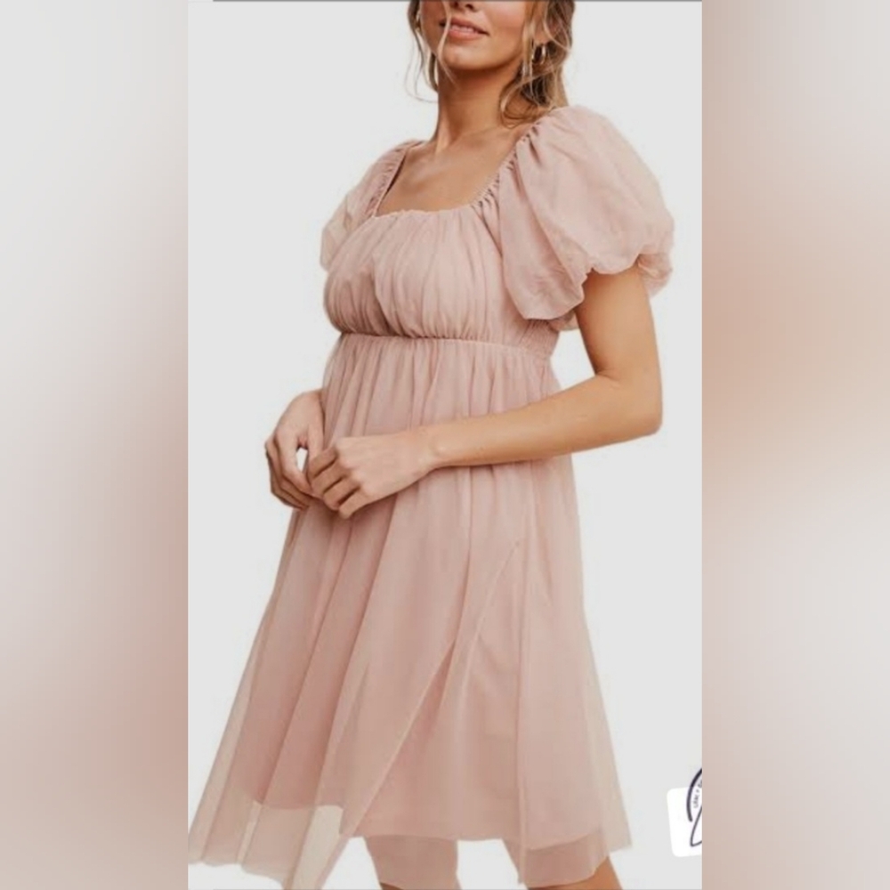 S.  O.  L.  D.     Soft Pink Tulle Puff Sleeve Babydoll  Dress Size L